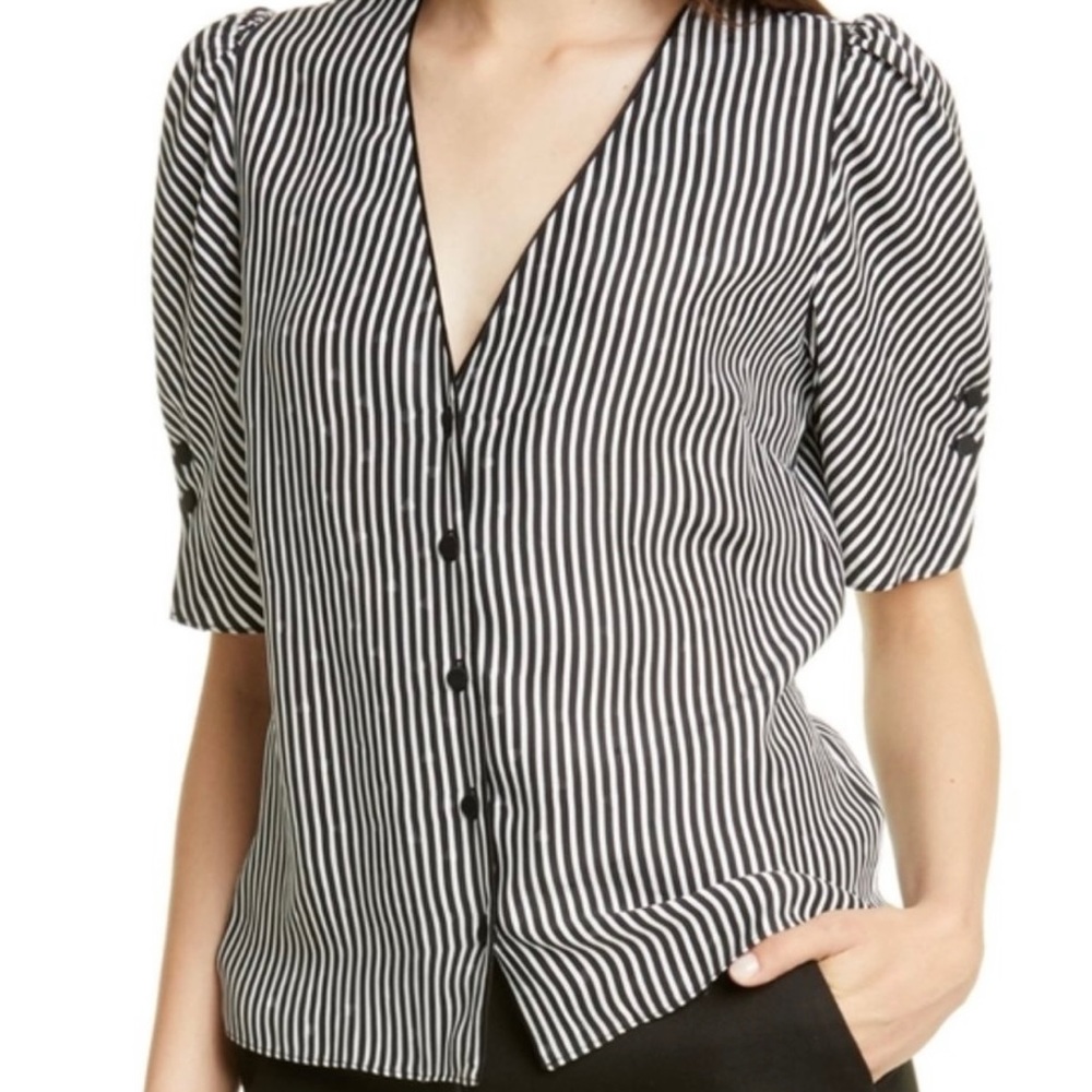 FRAME Olivia 100% silk black and white striped top, size small